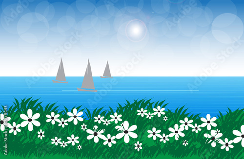 Seascape with a boat vector illustration