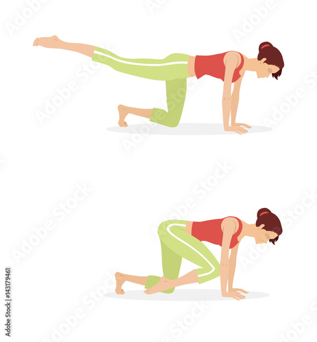 Pilates, swings and ups; A girl in a red T-shirt and light green shorts does the Pilates exercise: lifting the knee to the chest. On a white background