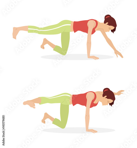 Pilates, swings and ups; A girl in a red T-shirt and light green shorts does the Pilates exercise: imitation swimming with a breaststroke. On a white background