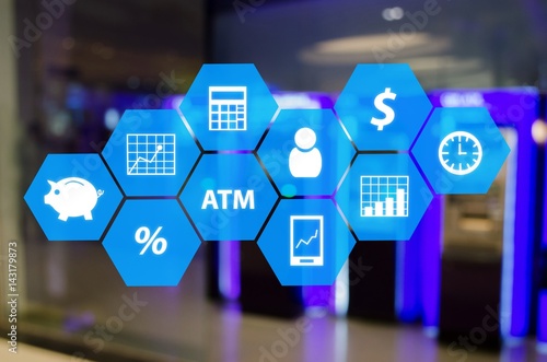 finance icon and hexagon shaped pattern background, financial, technology and business concept with abstract blurred background of ATM Machine for withdraw or deposit cash money, color tone effect.