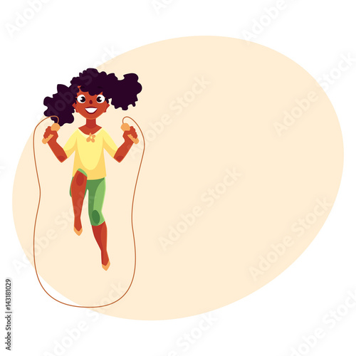 Teenage Caucasian girl playing with jumping rope at the playground, cartoon vector illustration with space for your text. Girl spinning jumping rope, having fun at the playground