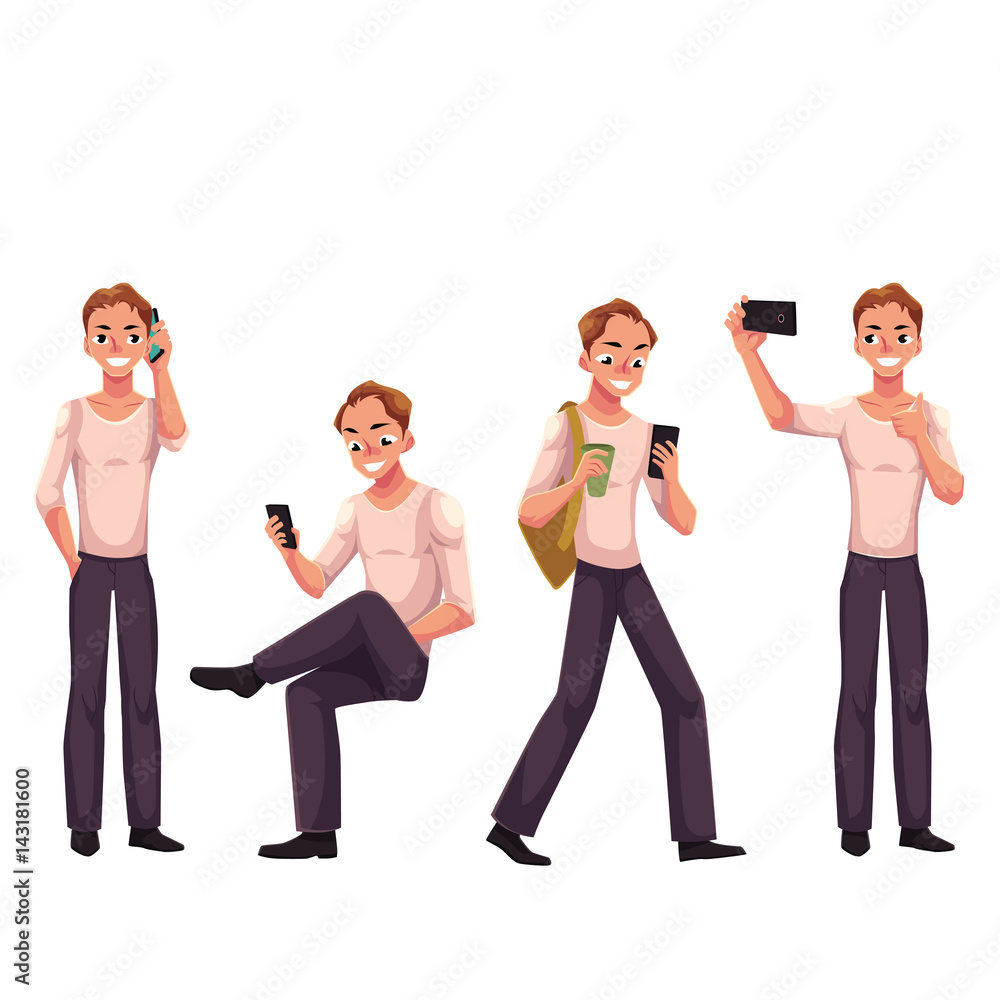 Young man using phone, smartphone in different poses - standing, sitting, walking, making selfie, cartoon vector illustration isolated on white background. Man, boy calling, texting, using phone Young man using phone, smartphone in different poses - standing, sitting, walking, making selfie, cartoon vector illustration isolated on white background. Man, boy calling, texting, using phone