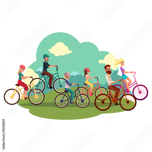 Family of four - father, mother, daughter, son - riding bicycles, cycling in countryside, cartoon vector illustration. Happy family of parents and two kids riding bicycles, summer outside activities