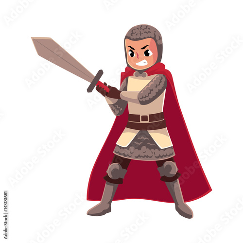 Medieval knight child, sword bearer, squire in chain armor, cartoon vector illustration isolated on white background. Full length portrait of kid armor bearer, page, knight apprentice