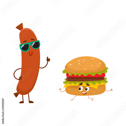 Funny smiling sausage and hamburger characters in sunglasses showing thumb up, fast food concept, cartoon vector illustration isolated on white background. Sausage and hamburger characters, mascots