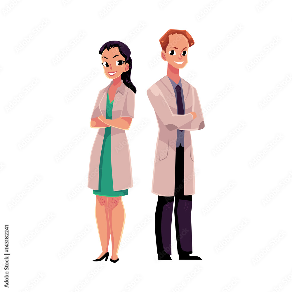 Male and female doctors in white medical coats standing confidently with arms folded, crossed on breast, cartoon vector illustration isolated on white background. Full length portrait of two doctors Male and female doctors in white medical coats standing confidently with arms folded, crossed on breast, cartoon vector illustration isolated on white background. Full length portrait of two doctors