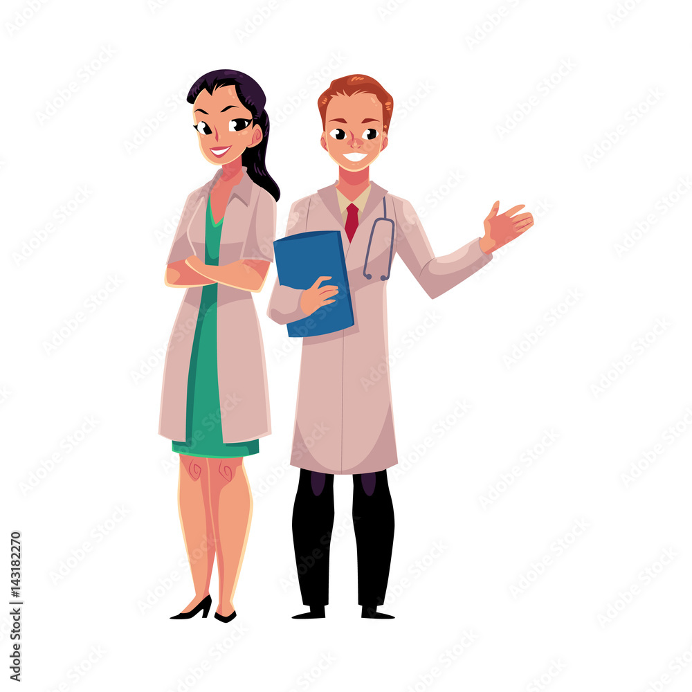Male and female doctors in white medical coats, woman with folded arms, man holding folder, cartoon vector illustration isolated on white background. Full length portrait of two doctors Male and female doctors in white medical coats, woman with folded arms, man holding folder, cartoon vector illustration isolated on white background. Full length portrait of two doctors