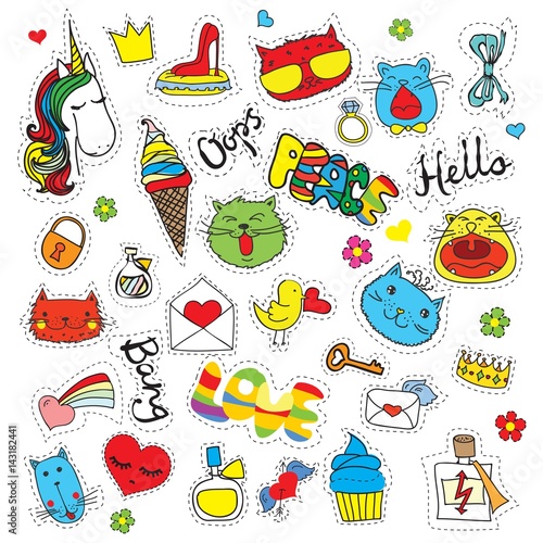 Patch badges with hearts, cats, flowers, unicorn and other elements.Set of stickers, pins, patches in cartoon 80s-90s comic style.