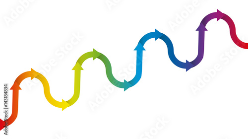 Gradual upward trend graph - symbolic figure for increase and growth with temporary descending or declining phases of a development, depicted with a rhythmically ascending rainbow colored arrow wave.