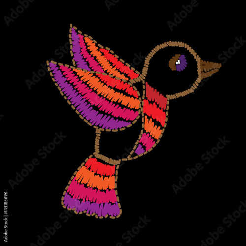 Bird embroidery stitches imitation on the black background