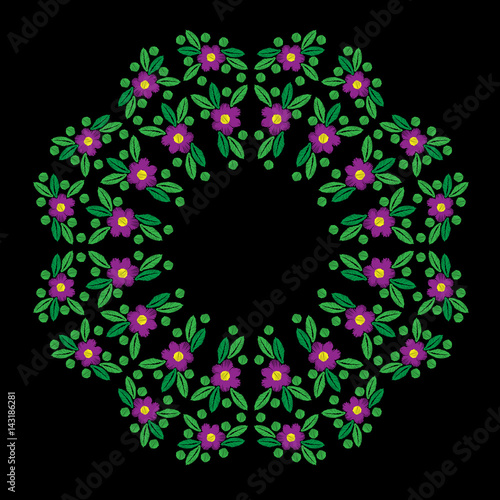 Flower with leaf frames embroidery stitches imitation on the black background