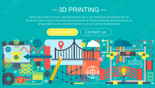 3d printer technology flat concept set. 3d modeling, printing and scanning web header.