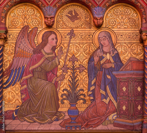 BERLIN, GERMANY, FEBRUARY - 15, 2017: The fresco of Annunciation Mary on the side altar of Rosenkranz Basilica by Ferdinand Langenberg (1849 - 1931).