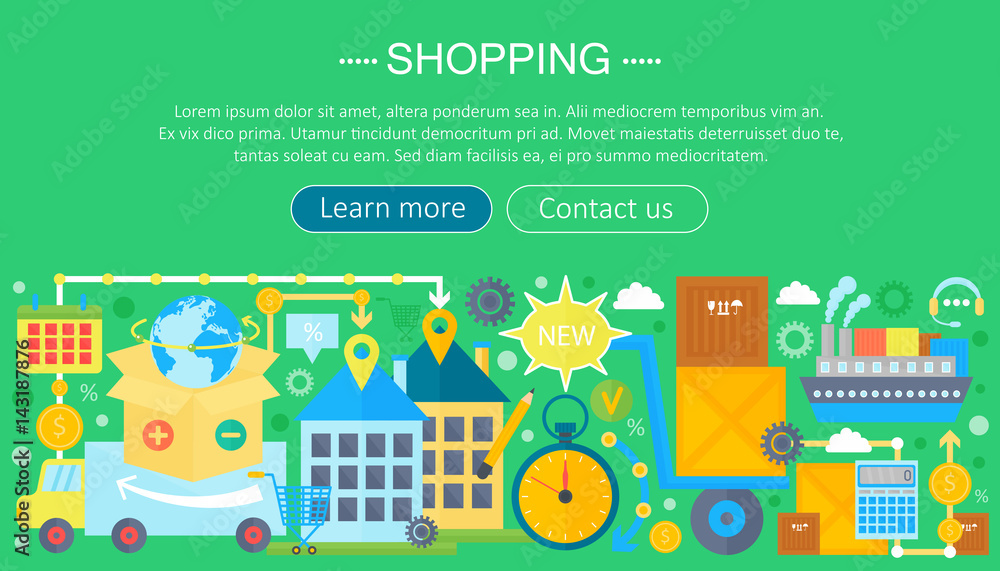 Fototapeta premium Shopping Online and E-Commerce Shopping concept. Online e commerce infographics template design, web header shopping icons elements. Vector illustration.