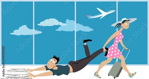Woman dragging a man who's affected by a fear of flying through an airport, EPS 8 vector illustration 