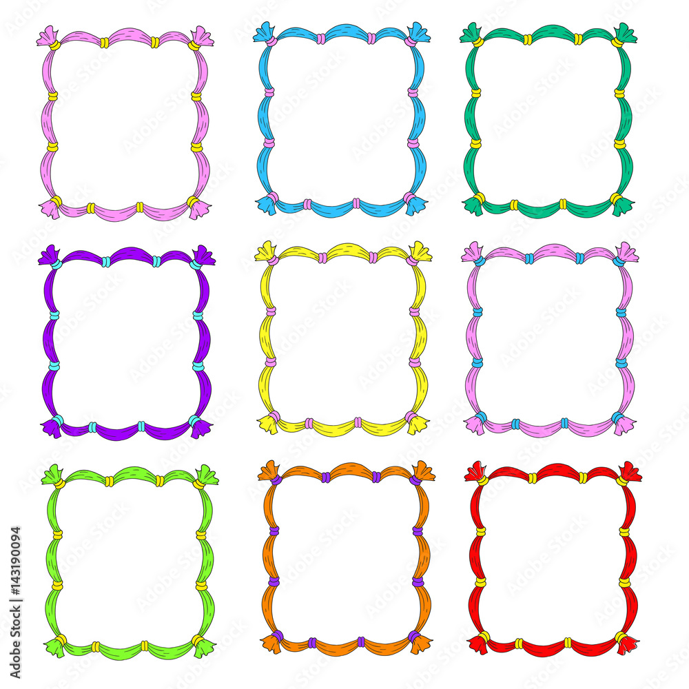 Set of frames. Frame templates are multicolored. Frames with ribbons. Vector isolated on white background.