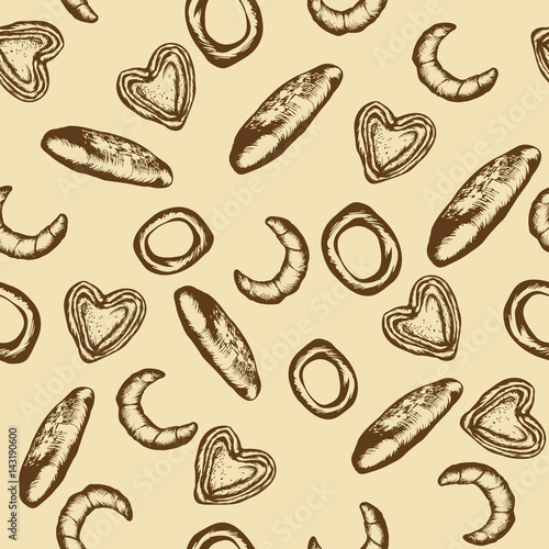 Seamless pattern with a variety of bakery products. Vector illustration.