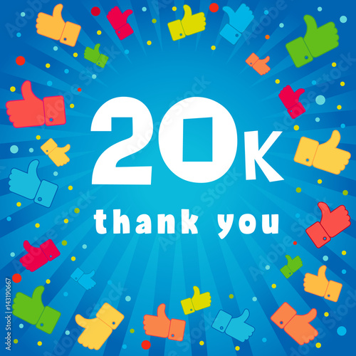 20k thank you banner. 20000 followers vector illustration with thank you on pattern of colored likes