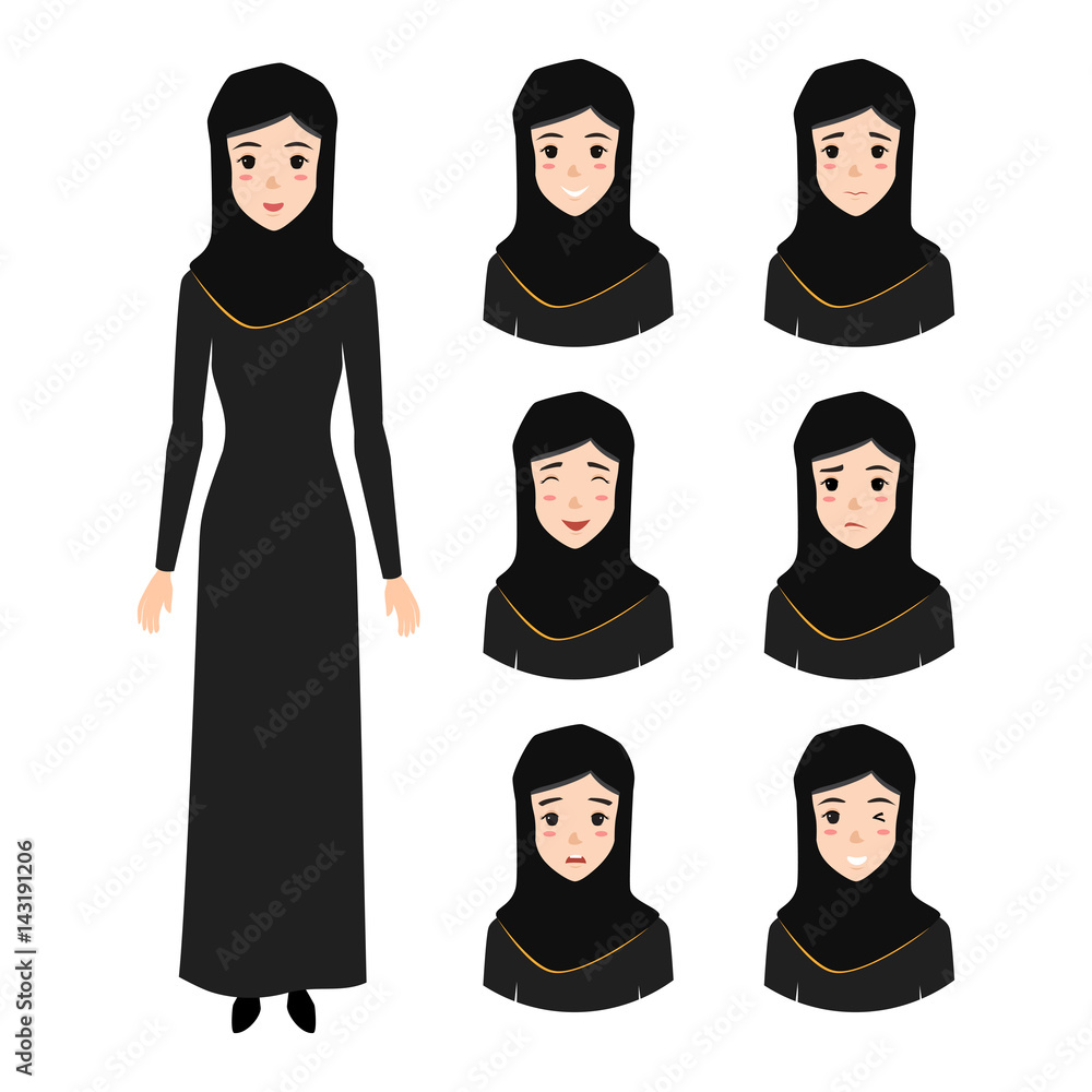 Arab woman avatar character. Face emotion woman.