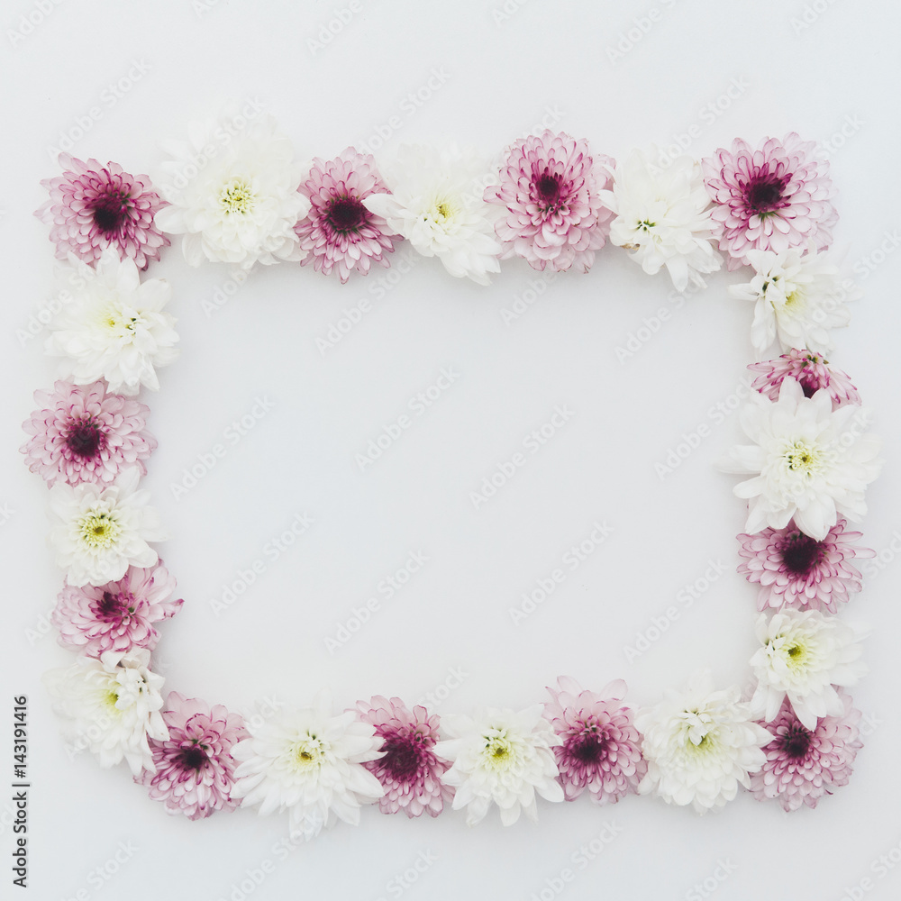 Floral border of fresh flowers . Flat lay, top view. Floral border of fresh flowers . Flat lay, top view.