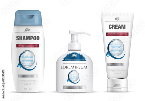 Shampoo packaging, cream tube, soap bottle template design. Cosmetic brand template. Body care products. Vector illustration.