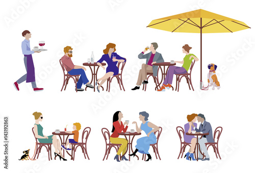 A vector illustration of group of people. Series of fashion people, men and women, sitting and drinking coffee in the street cafe. photo