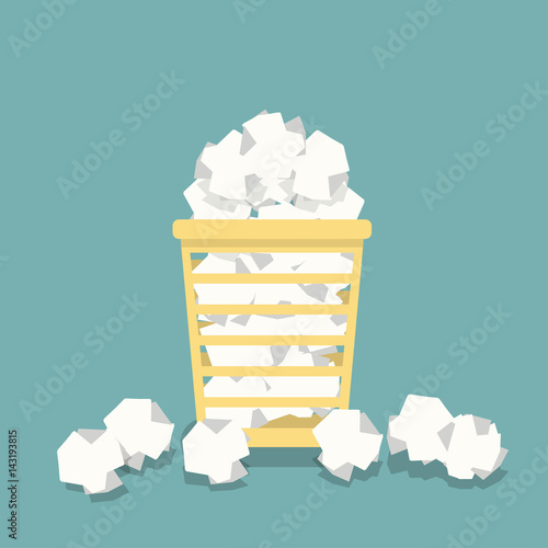 Flat basket for papers in vector. Full office urn. Crumpled documents, papers.