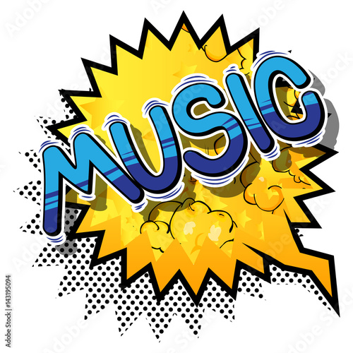 Music - Comic book style word on abstract background.