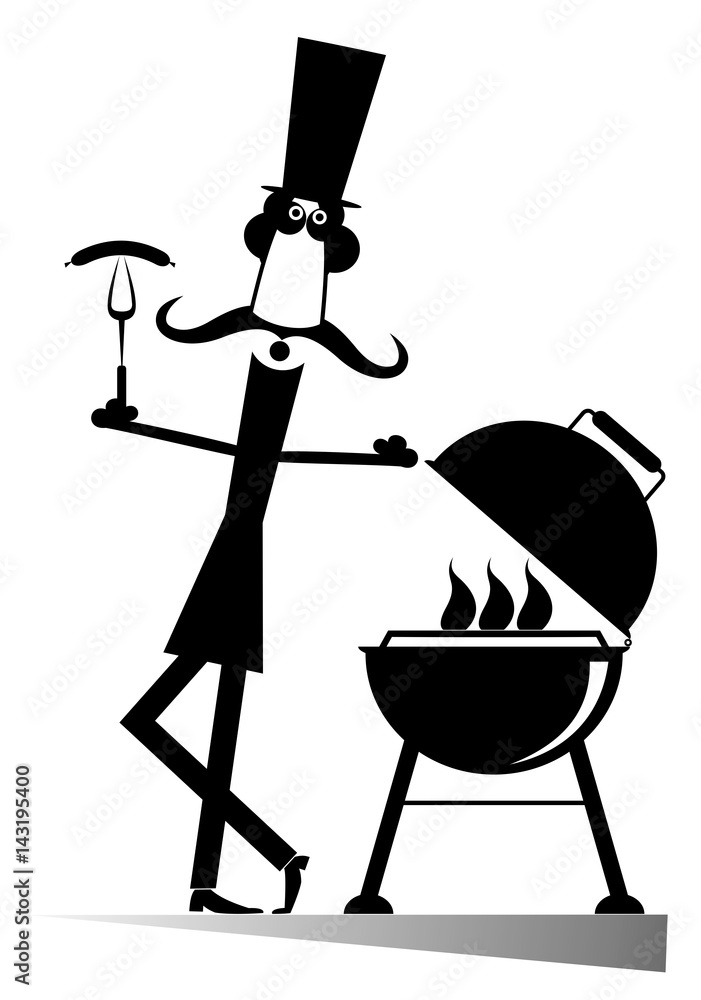 Vecteur Stock Man and barbecue isolated. Comic man in the top hat frying  sausages and steaks on the grill | Adobe Stock