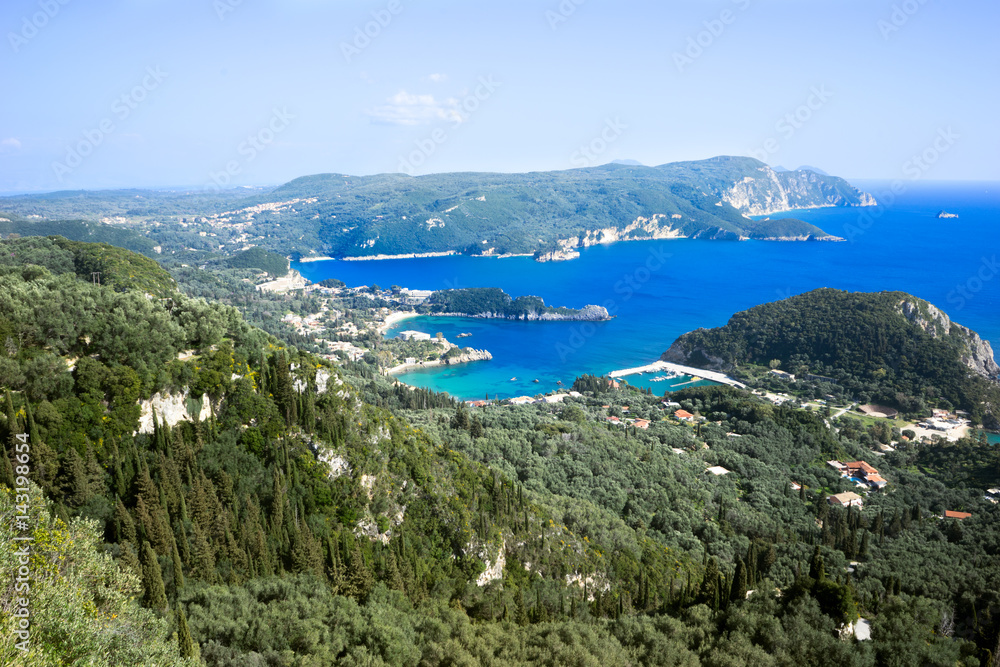 View of shores from Lakones. Palaiokastritsa bay on Corfu island, Greece
