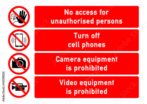 smms3 SafetyMultiMessageSign smms - english - no access for unauthorised persons - turn off cell phones - no mobile phone allowed - camera or video equipment is prohibited - poster - g5170 photo