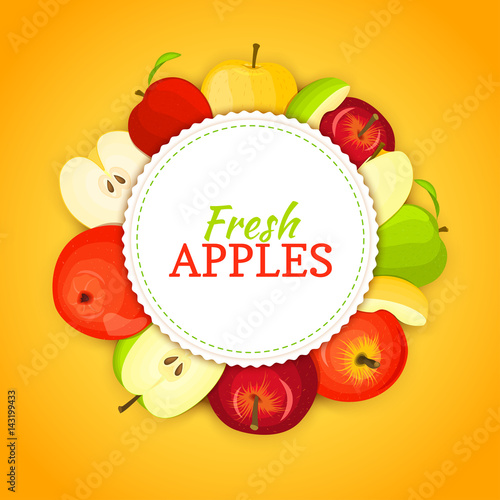 Round colored frame composed of different appels fruit. Vector card illustration. Circle apple frame. Yellow, red and green apple fresh fruits appetizing looking for packaging design of healthy food