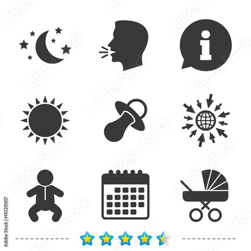 Moon and stars. Baby infant icon. Buggy, dummy.