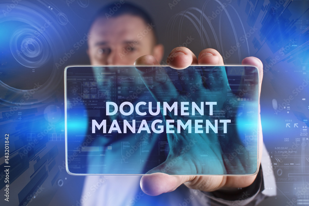 Fototapeta premium Business, Technology, Internet and network concept. Young businessman working on a virtual screen of the future and sees the inscription: Document management