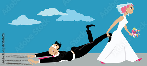 Upset woman in a wedding dress dragging a reluctant groom who is suffering from a fear of commitment, EPS 8 vector illustration