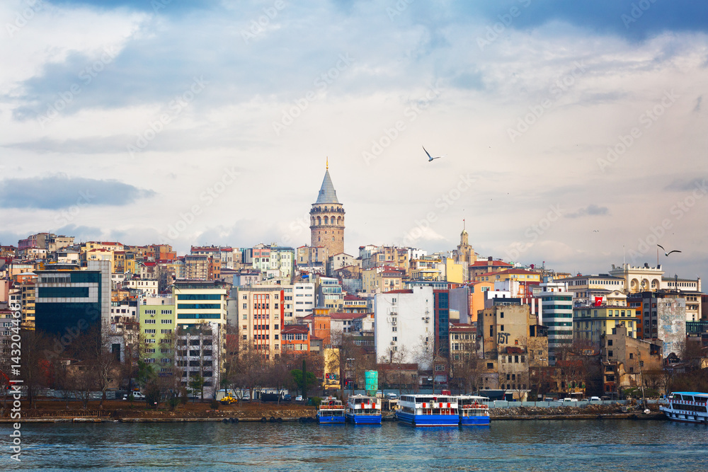 View of the passage the Gold Horn, Beyoglu's region and Galata Tower, Istanbul