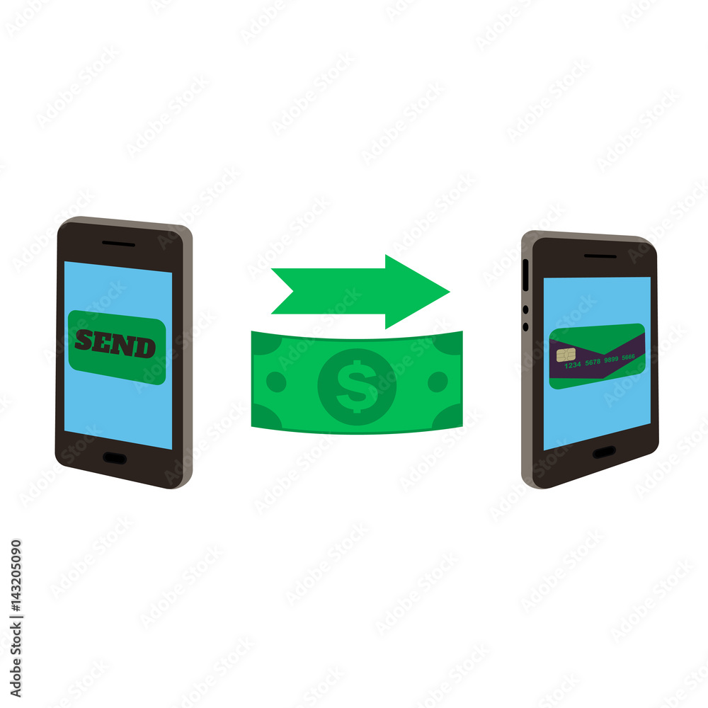 Sending and receiving money using your smartphone. Two smartphones and dollar on a white background Sending and receiving money using your smartphone. Two smartphones and dollar on a white background