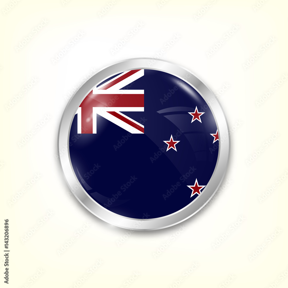 Round button national flag of New Zealand with the reflection of light and shadow. Icon country. Realistic vector illustration. Round button national flag of New Zealand with the reflection of light and shadow. Icon country. Realistic vector illustration.