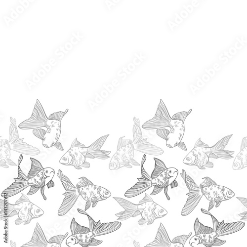 Vector seamless pattern with image of a fishes. Goldfish and perch. Linear fish for coloring books.