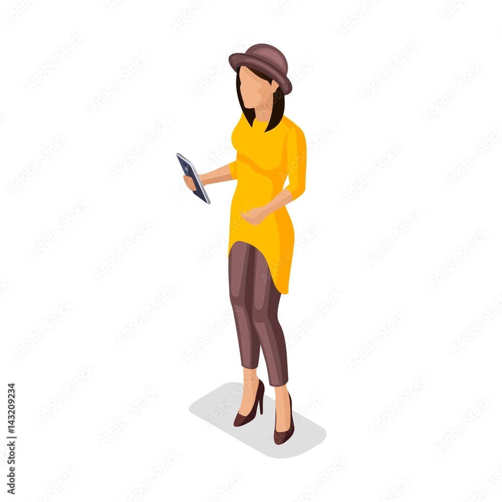 Trendy Isometric people and gadgets, a teenager, a young girl, student, hi tech technology, mobile phones, stylish clothing, surf the internet, social networks are isolated Trendy Isometric people and gadgets, a teenager, a young girl, student, hi tech technology, mobile phones, stylish clothing, surf the internet, social networks are isolated