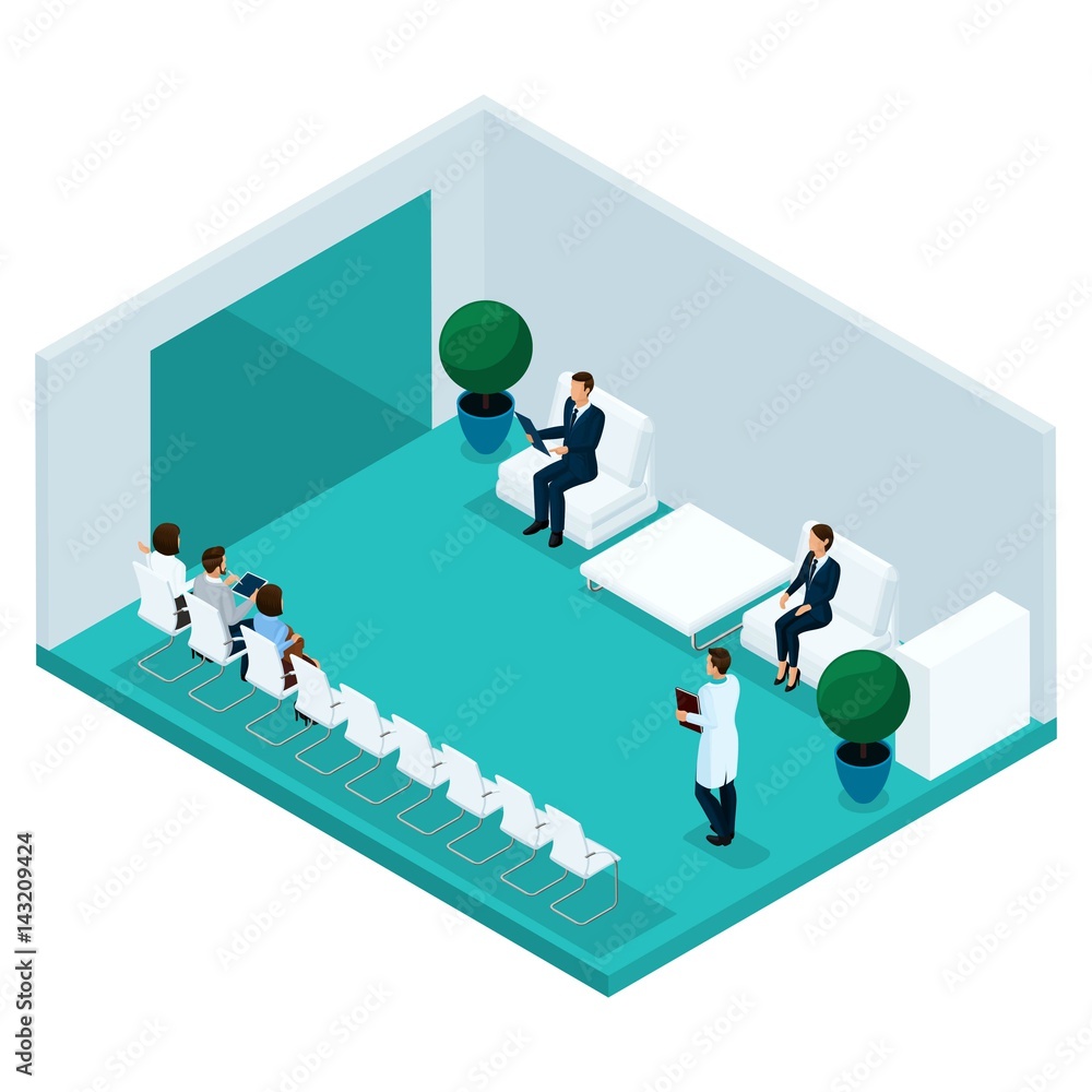 Fashion isometric people, hospital corridor, waiting in a doctor's office rear view, patients are isolated in turn on a light background