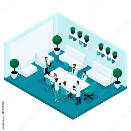 Trendy isometric people, a hospital room rear view, doctor's office, staff, hospital staff, surgeons and doctors, konsillium are isolated on a light background