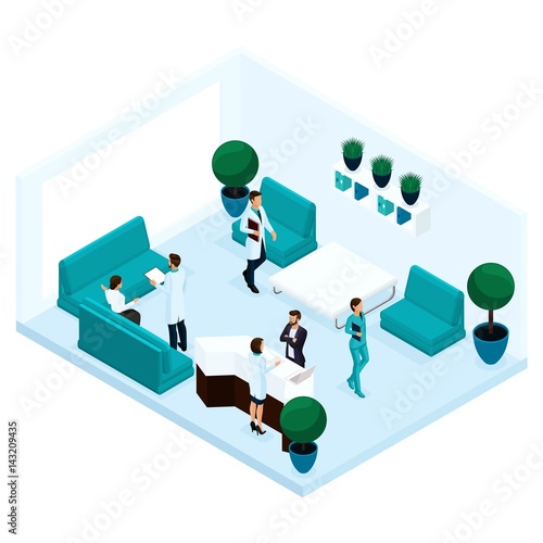 Trendy isometric people, a hospital corridor rear view, reception, doctor discussion with the patient, surgeon, medical staff, nurse are isolated on a light background