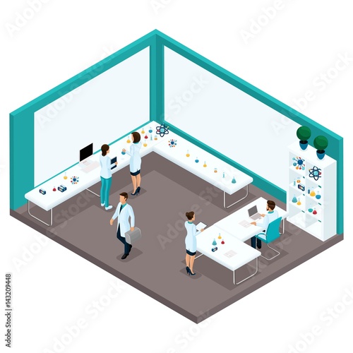 Trendy isometric people, a cabinet rear view of a laboratory, scientists, health care providers, research, experiments, analyzes, laboratory workers are isolated on a light background