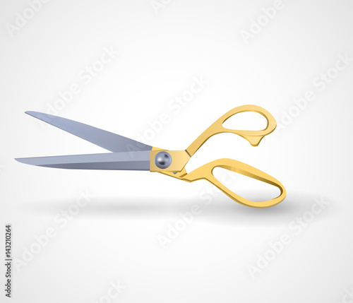 poster mock-up with golden scissors isolated on white background.