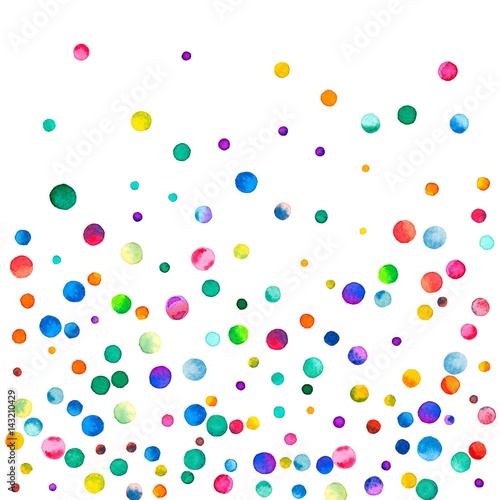Sparse watercolor confetti on white background. Rainbow colored watercolor confetti bottom gradient. Colorful hand painted illustration.
