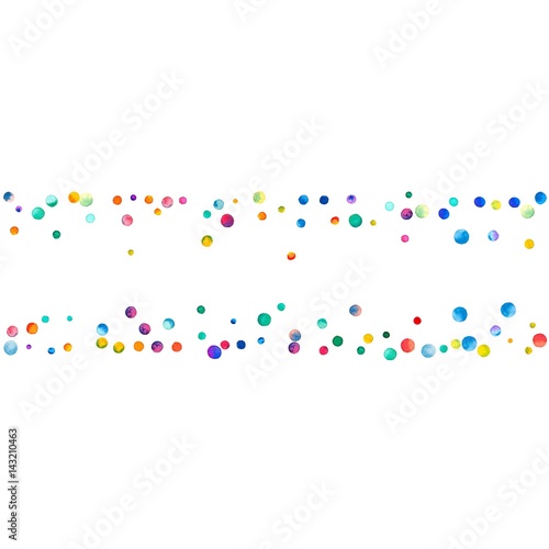 Dense watercolor confetti on white background. Rainbow colored watercolor confetti chaotic shape. Colorful hand painted illustration.