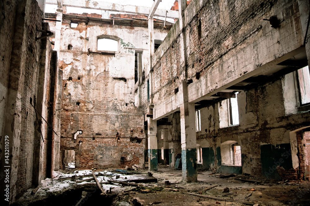 Inside abandoned sugar factory of red brick Inside abandoned sugar factory of red brick