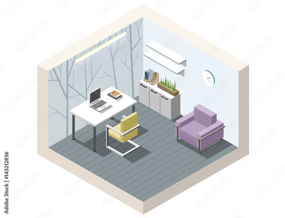 Vector isometric set of office furniture, interior design working place Vector isometric set of office furniture, interior design working place