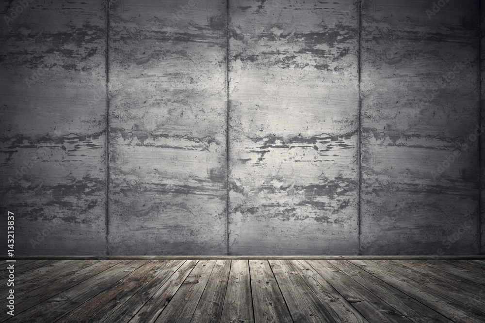 Interior room with dirty concrete wall and wooden floor. 3d rendering illustration Interior room with dirty concrete wall and wooden floor. 3d rendering illustration